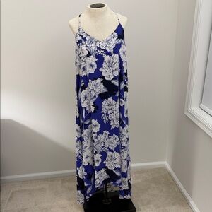 Tahari Purple, White, Dark Navy Floral Maxi Dress Small